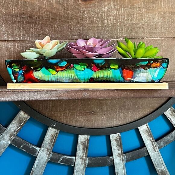 Hand-Painted Ceramic Succulent Planter with Bamboo Tray - Picture 4 of 8